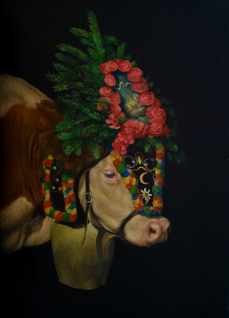 Flower Cow for Tyler, 14in x 20in, oil on panel, 2022